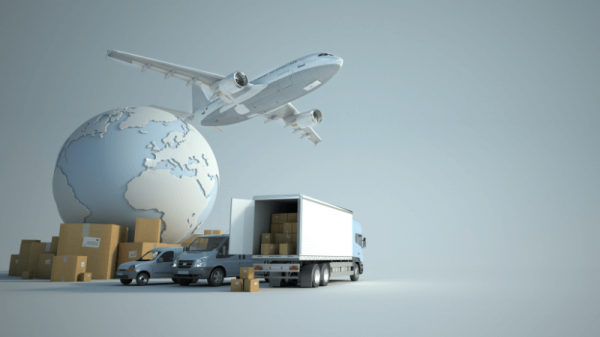 Truck, car, plane, globe, boxes on gray background