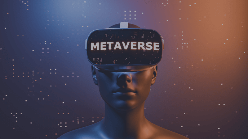 Person wearing VR glasses with the word Metaverse written on them